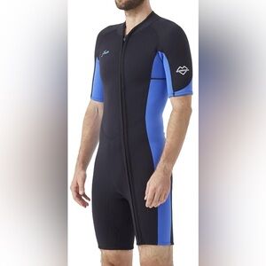 NWT Hevto Mens Blue/Black Shorty Wetsuit 2mm Neoprene Short Wet Suit Frt Zip XL